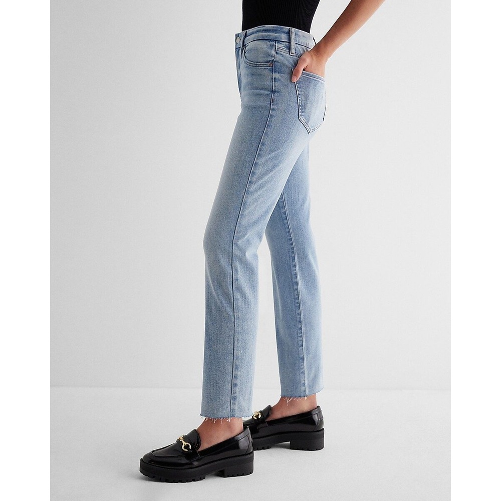 7 For All Mankind Ankle Straight Jeans Light Wash Raw Hem Blue Womens‎ 26